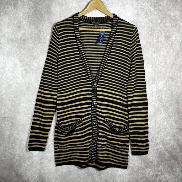Pendleton Cardigan Sweater‎ Womens Small Tan Black Striped Merino Wool Blend NEW - Picture 1 of 9